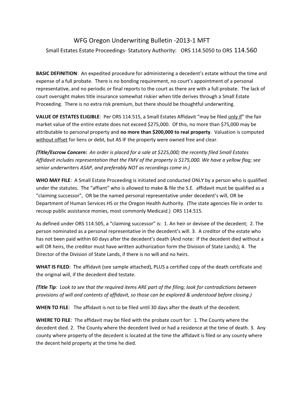 WFG Oregon Underwriting Bulletin -2013-1 MFT Small Estates Estate Proceedings-Statutory