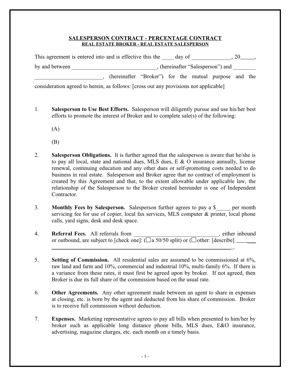 Salesperson Contract -Percentage Contract