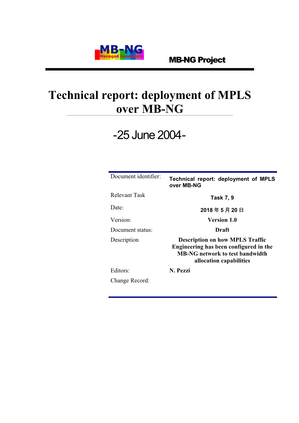 Technical Report: Deployment of MPLS Over MB-NG