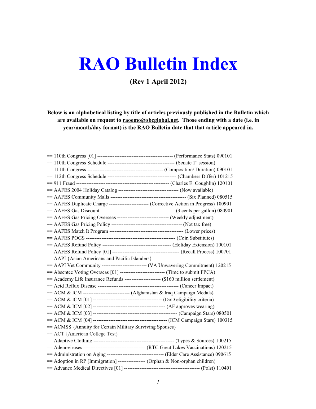 RAO Bulletin Index