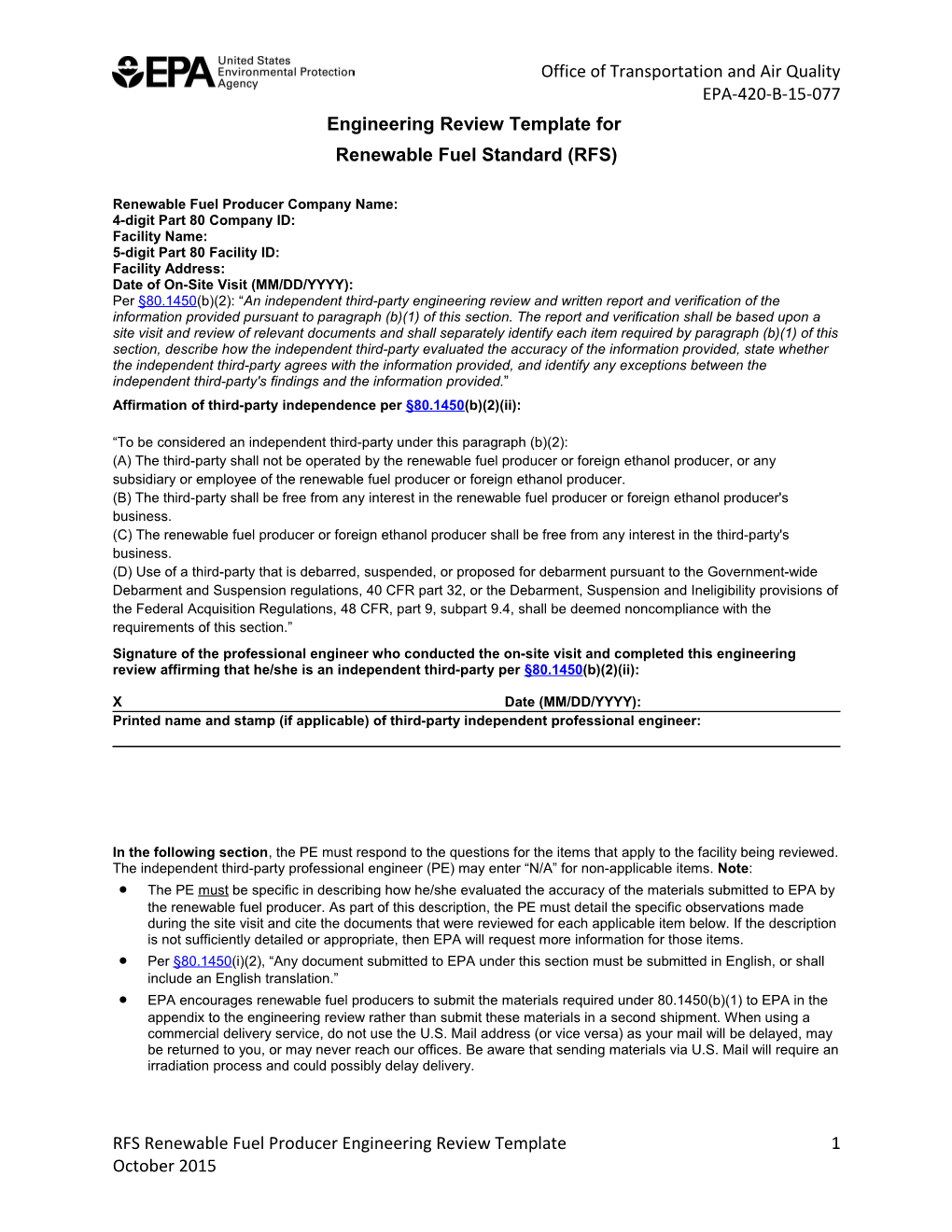 Renewable Fuel Standard (RFS) Engineering Review Template (EPA-420-B-15-077, October 2015)