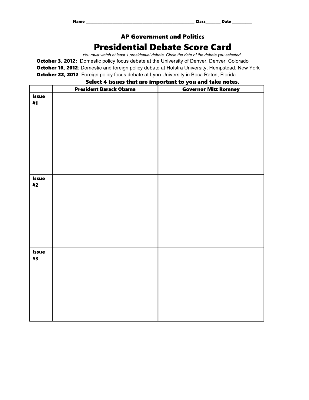 Debate Score Card