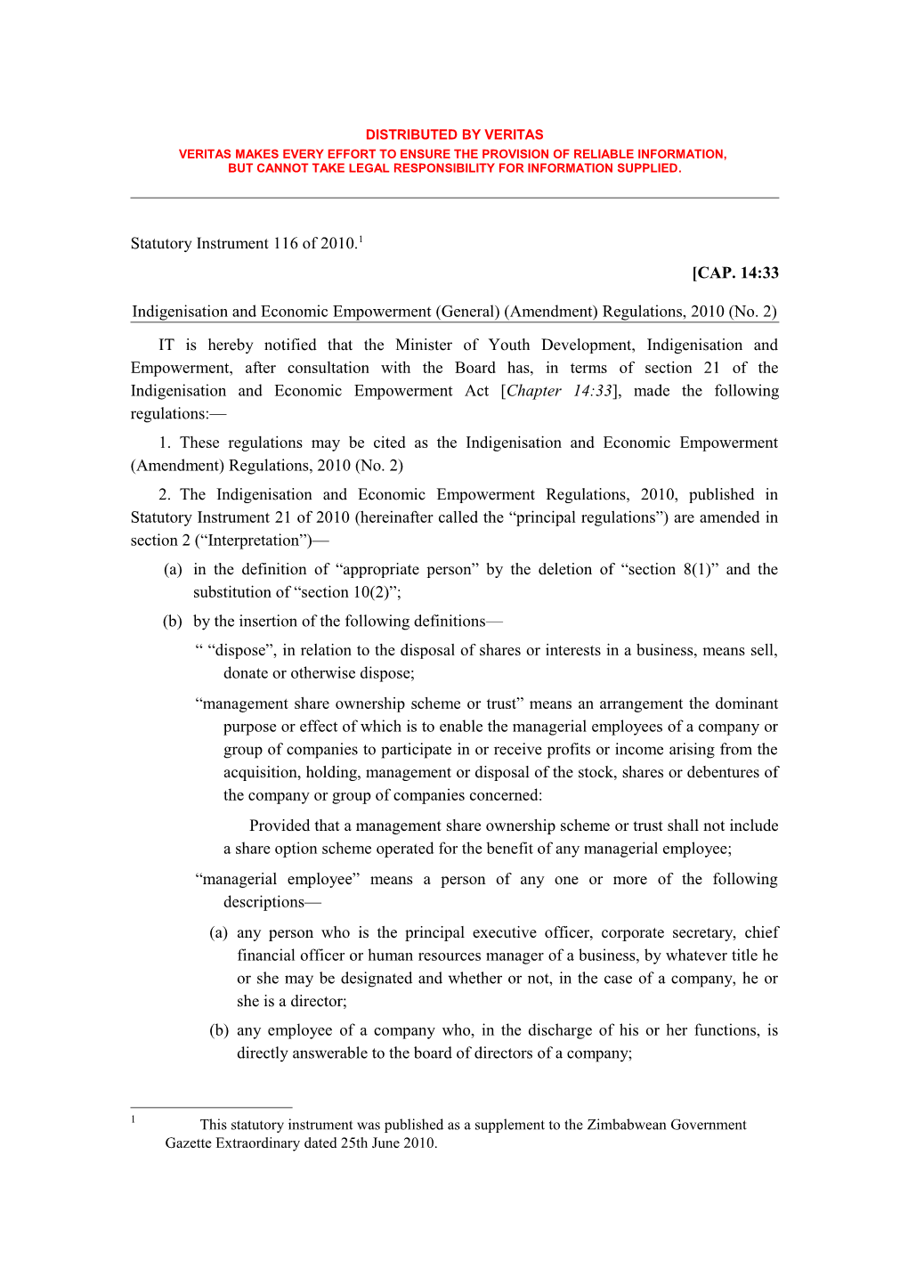 SI 2010-116 - Indigenisation Amendment Regulations No. 2