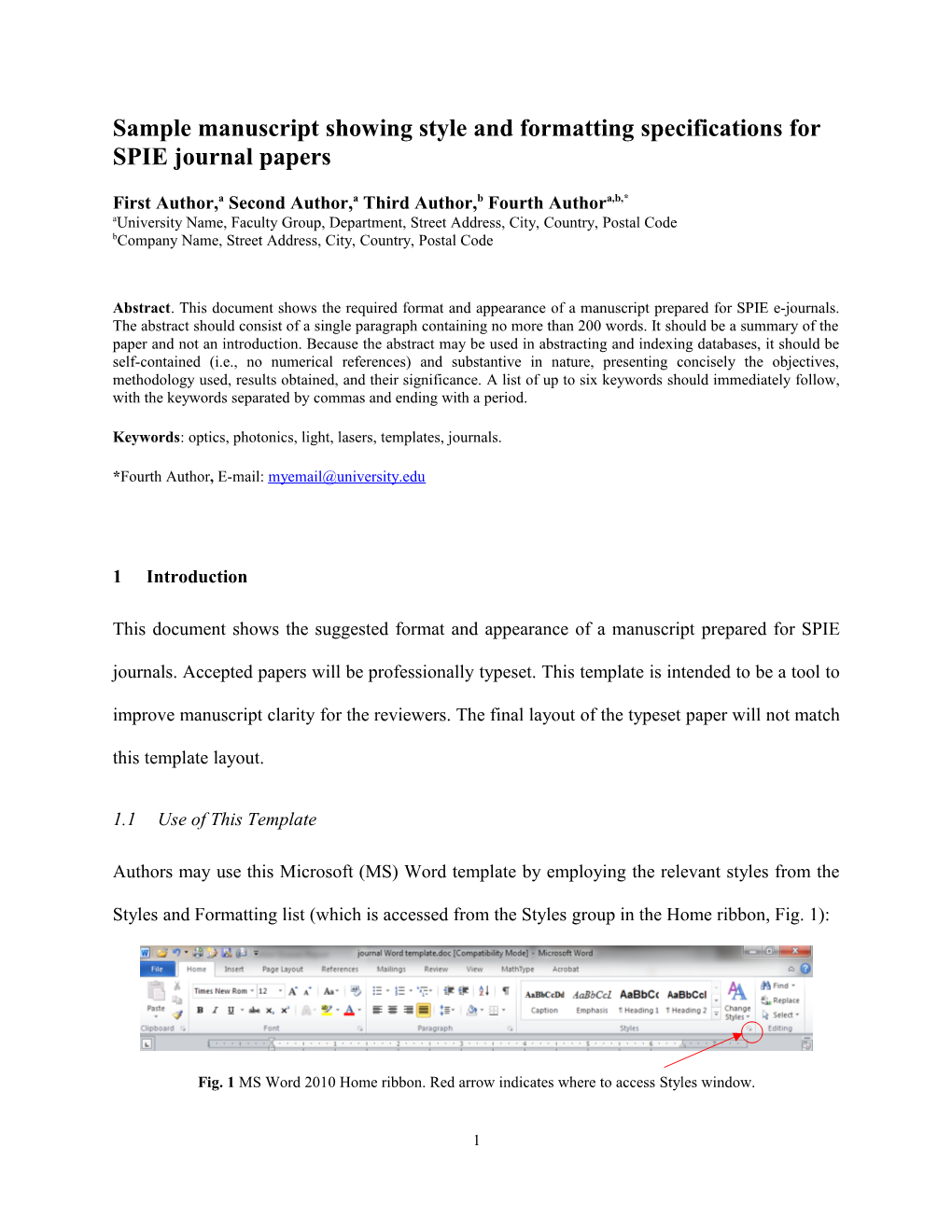 Sample Manuscript Showing Style And Formatting Specifications For SPIE E-Journal Papers