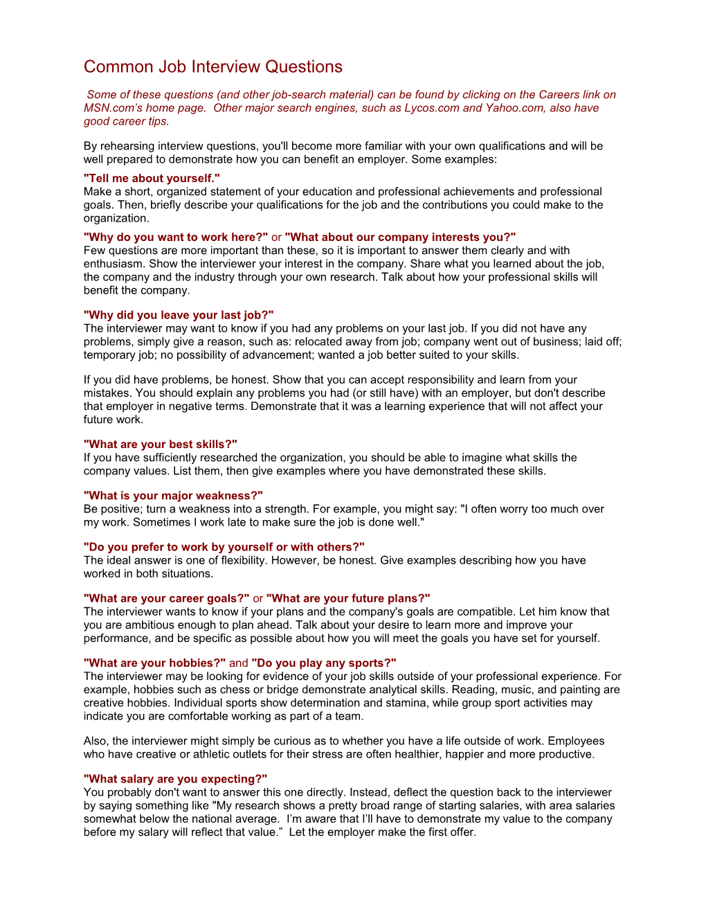 Common Job Interview Questions