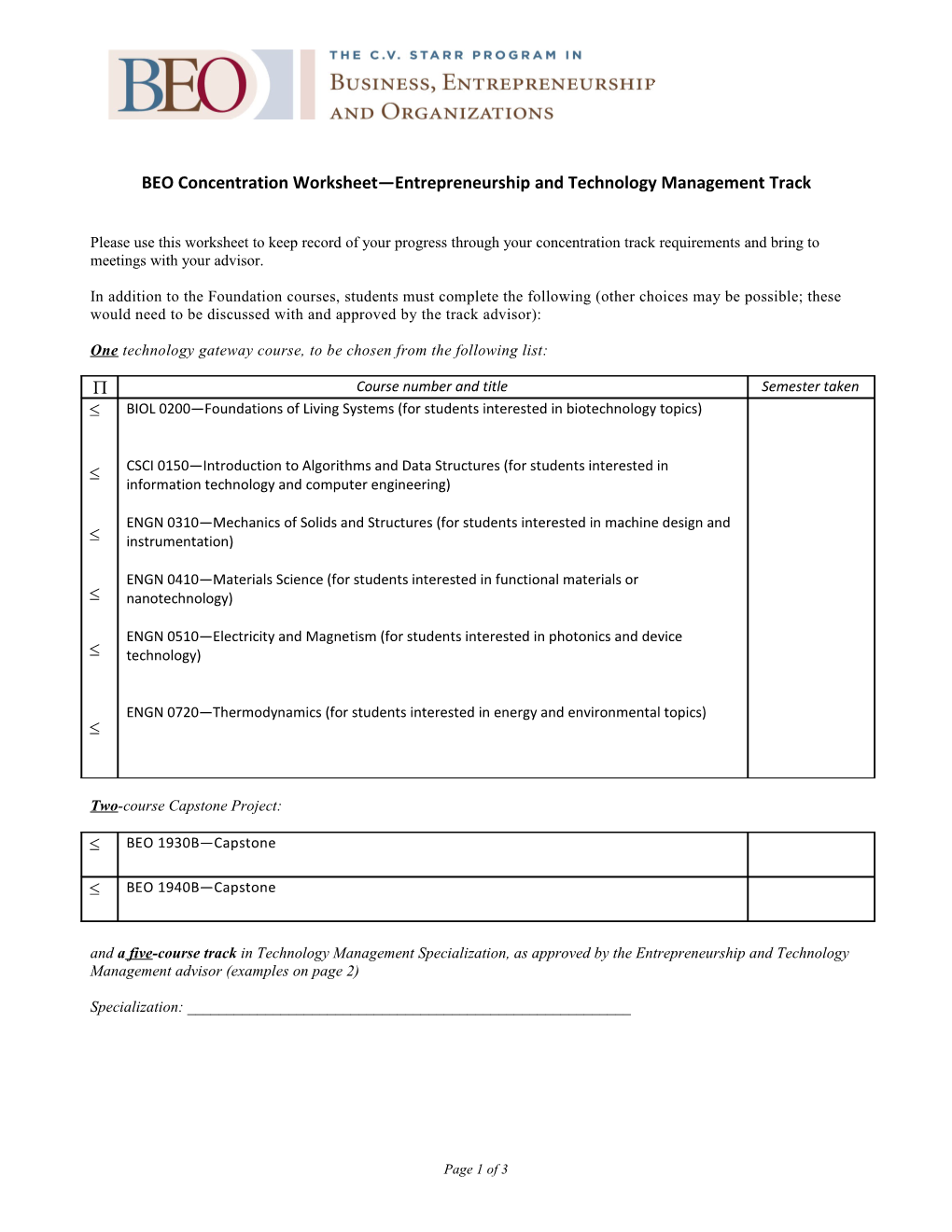 COE Concentration Worksheet