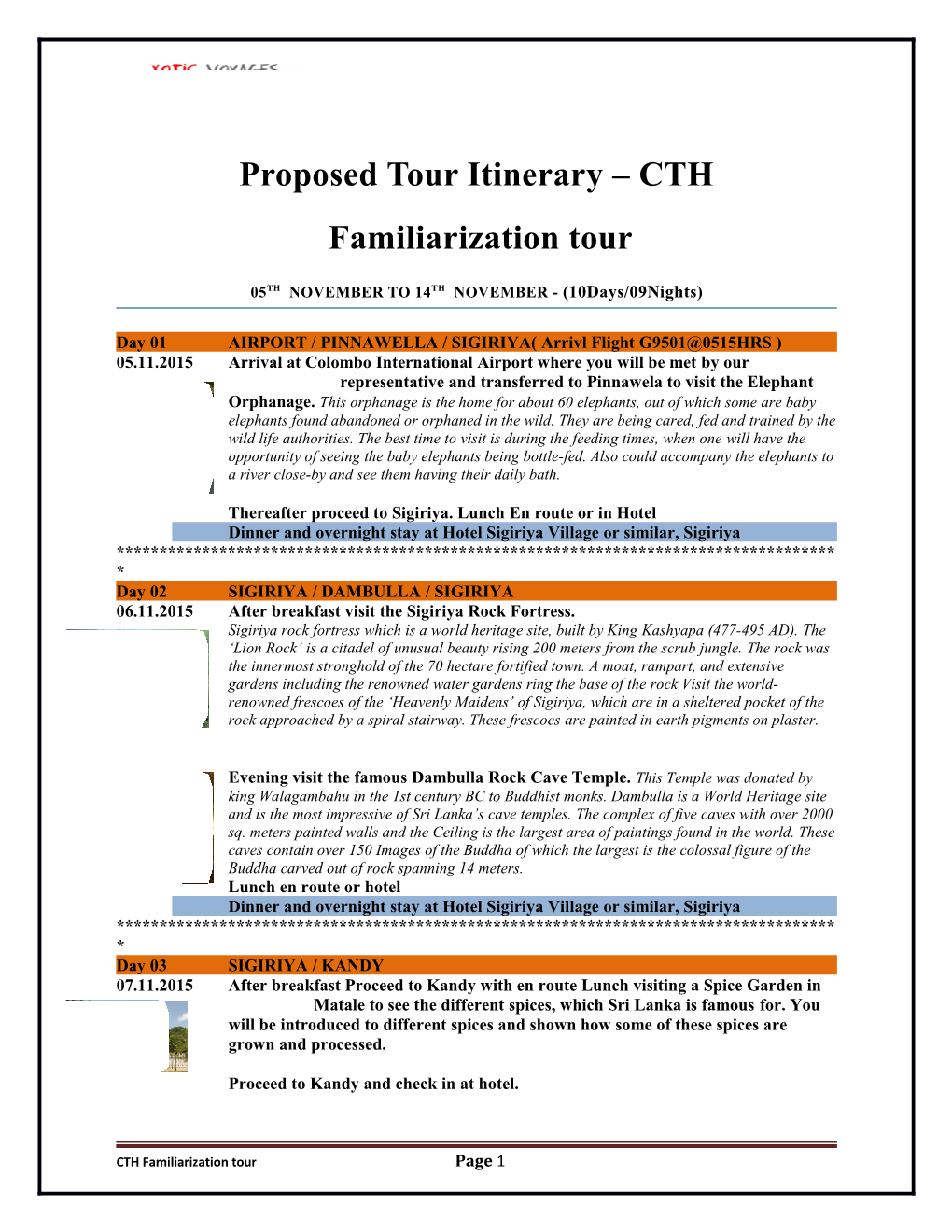 Proposed Tour Itinerary CTH