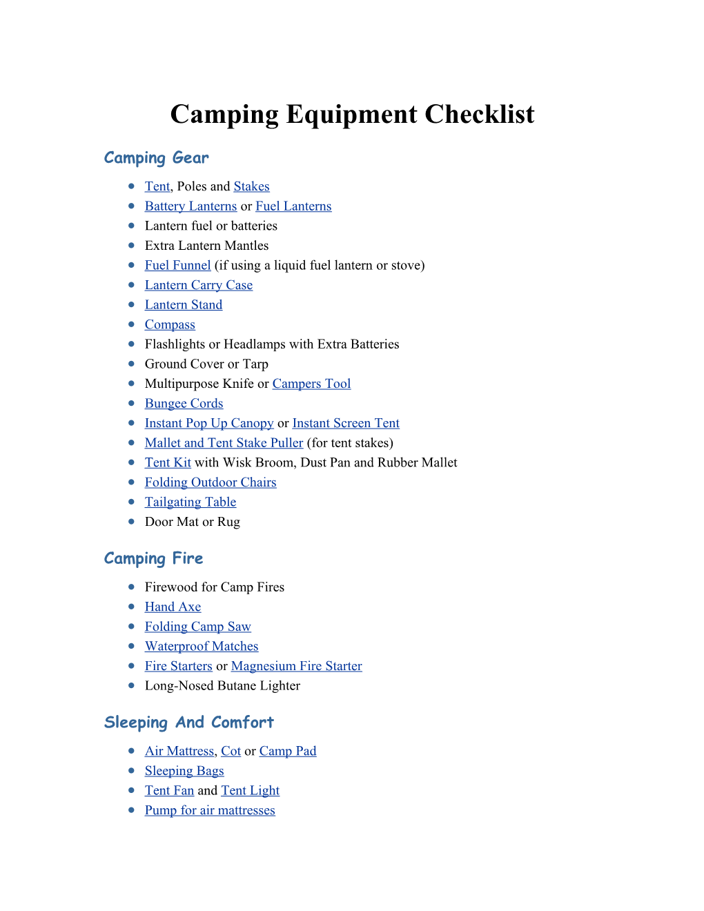 Camping Equipment Checklist