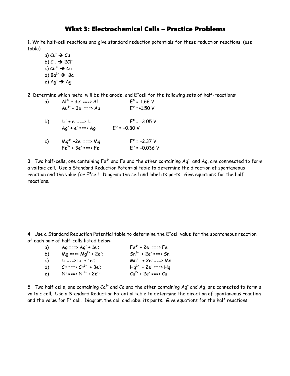 Elector Chemical Cells Practice Problems