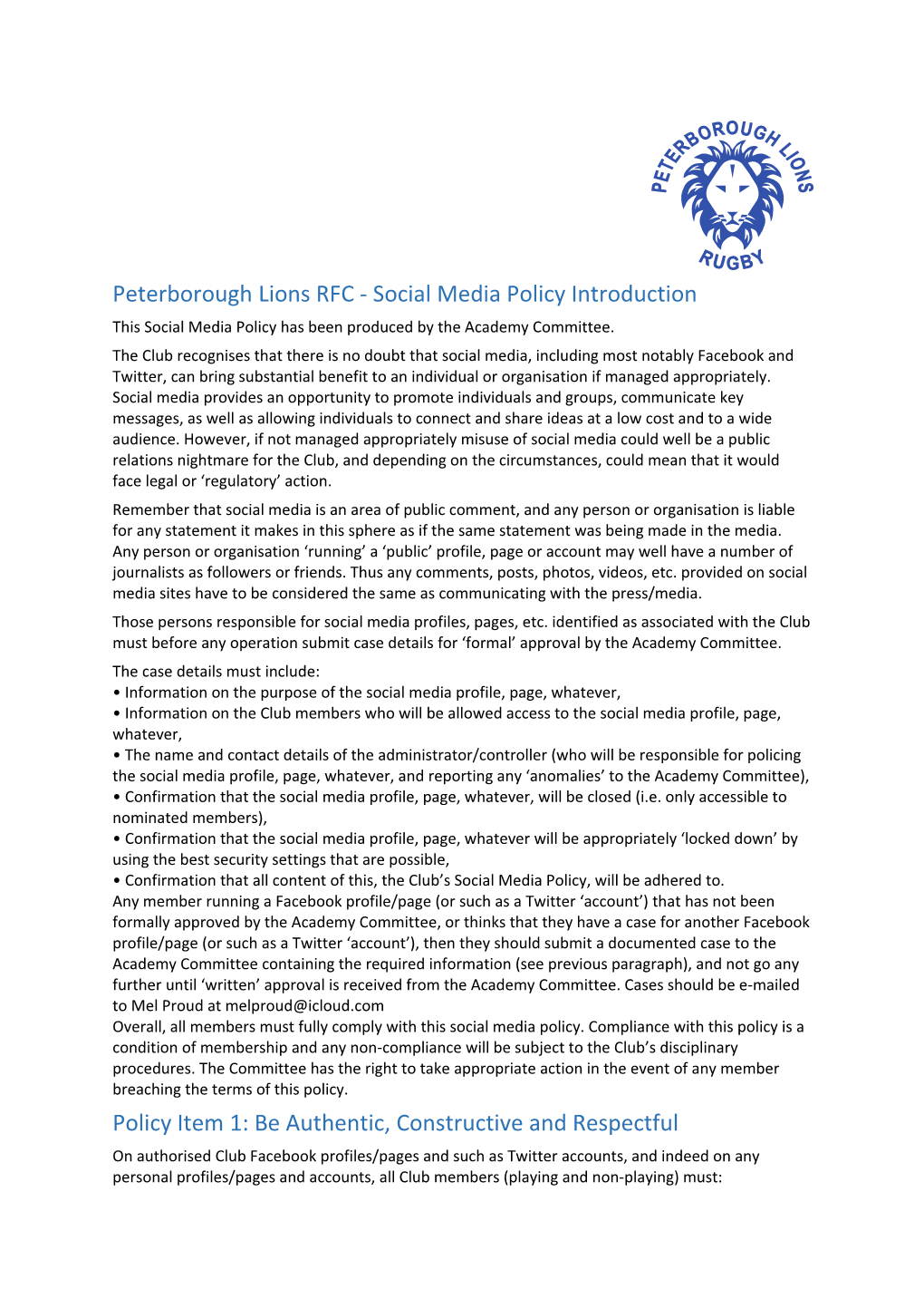 Peterborough Lions RFC - Social Media Policy Introduction