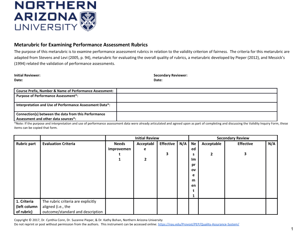 Metarubric for Examining Performance Assessment Rubrics
