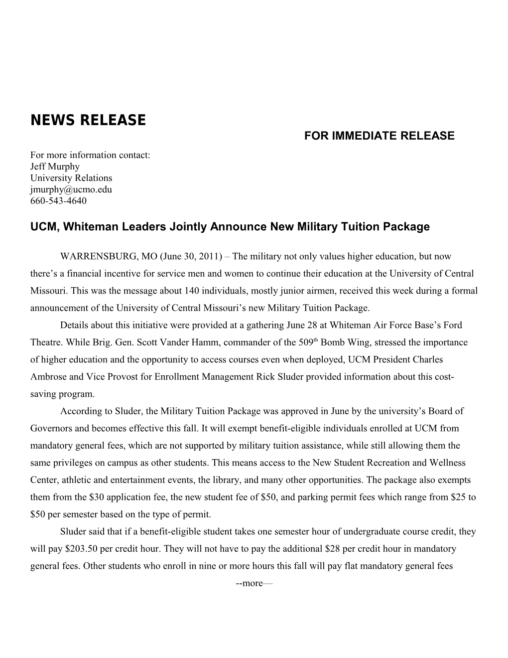 UCM, Whiteman Leaders Jointly Announce New Military Tuition Package
