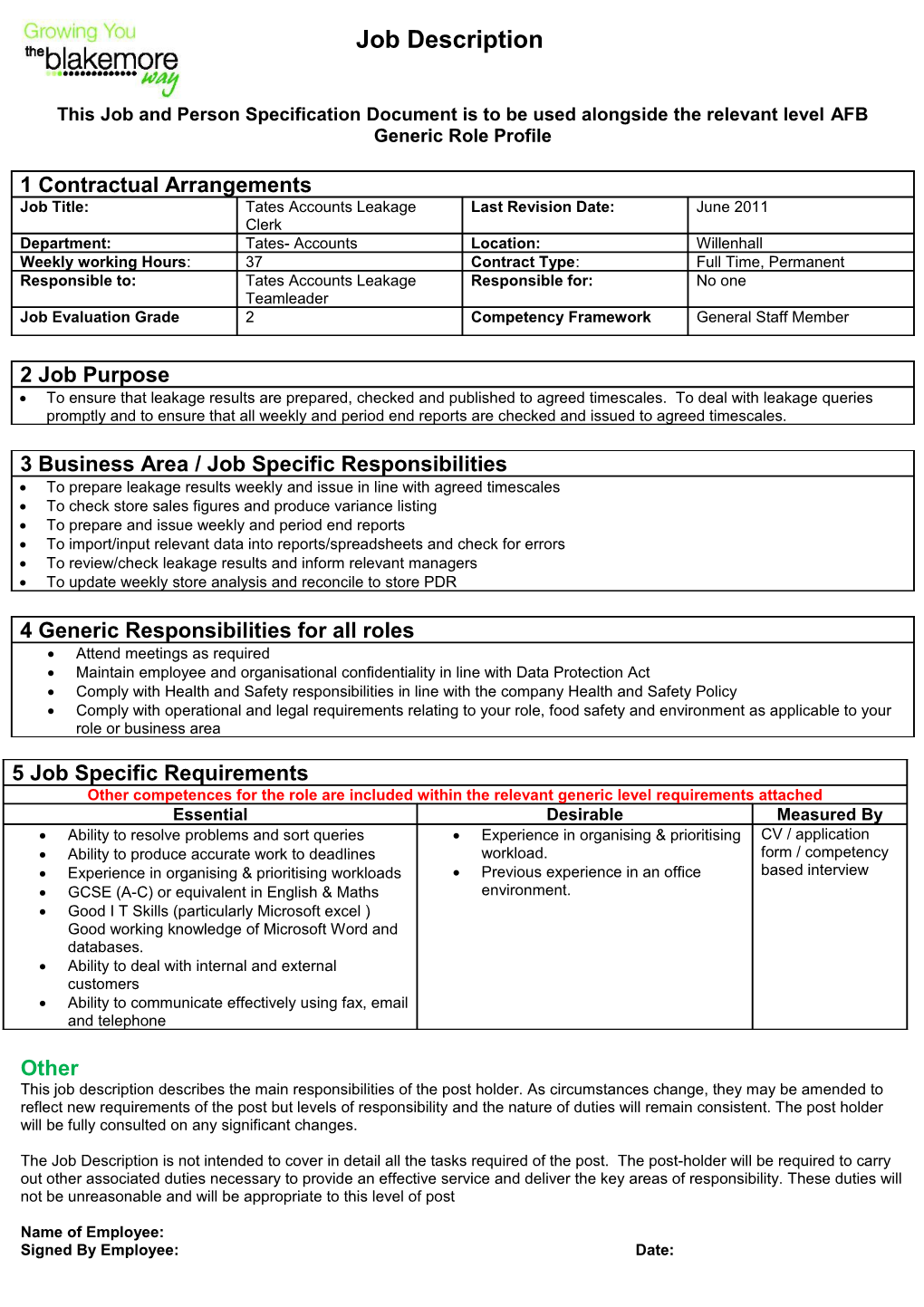 This Job and Person Specification Document Is to Be Used Alongside the Relevant Level