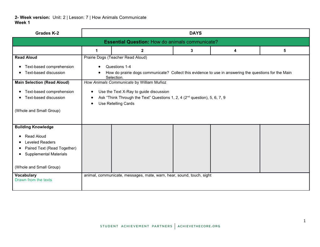 2- Week Version: Unit: 2 Lesson: 7 How Animals Communicate