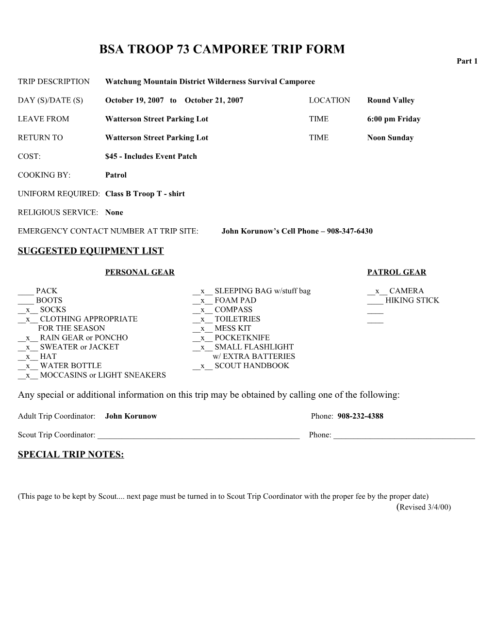 Bsa Troop 73 Backpacking Trip Form