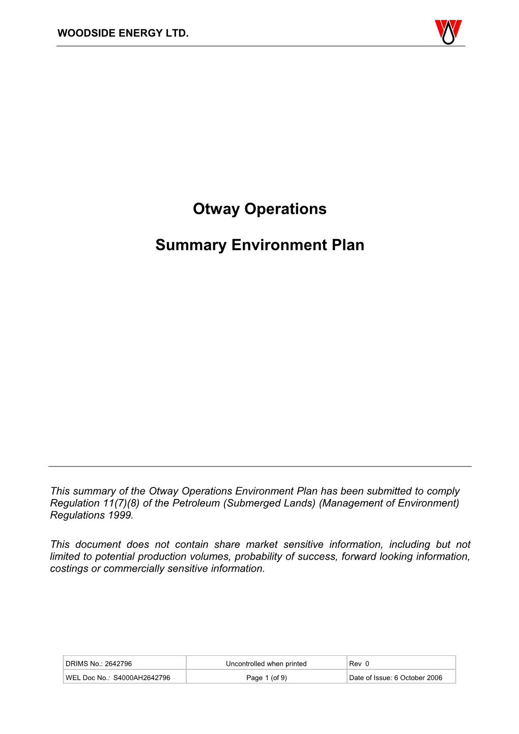 Otway Operations Summary Environment Plan