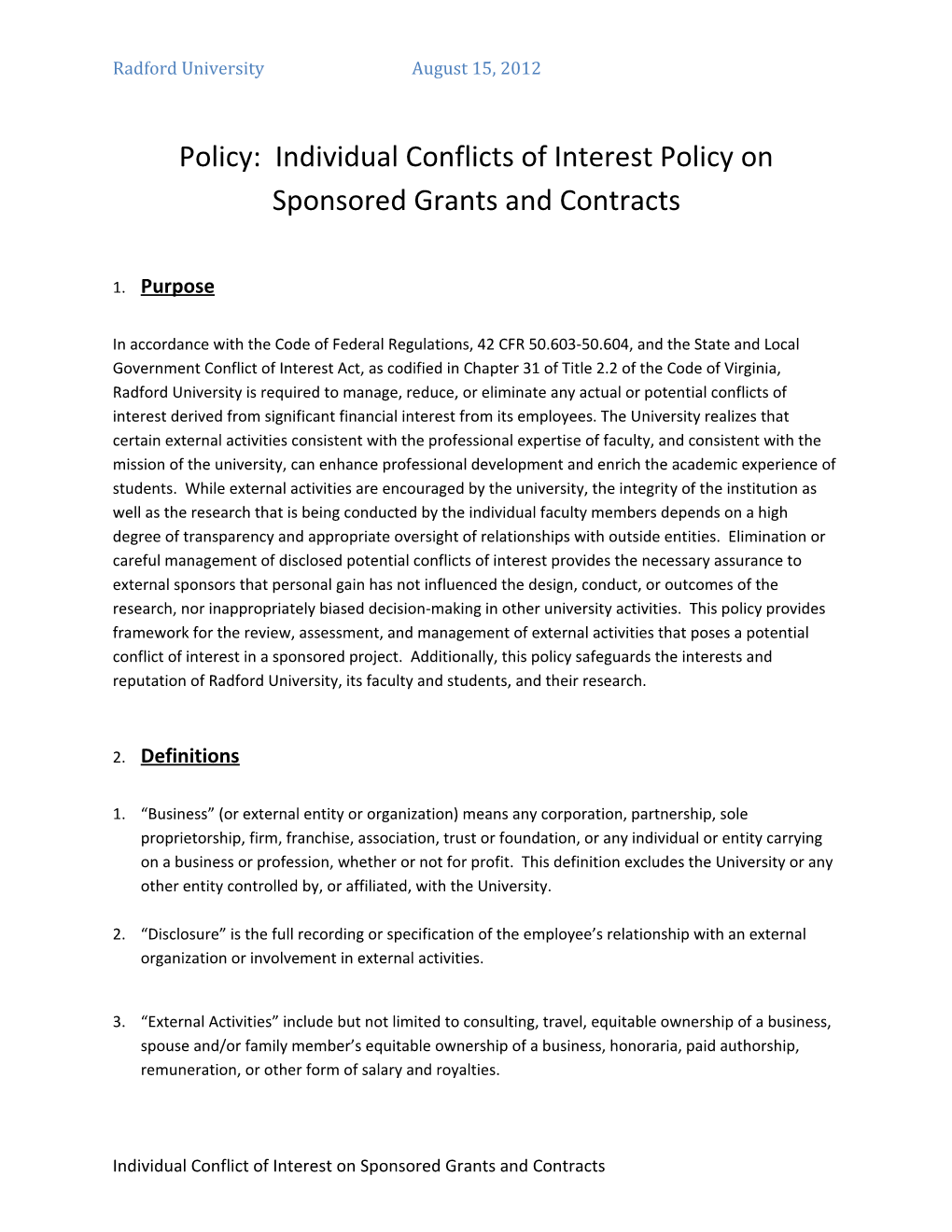 Policy: Individual Conflicts of Interest Policy on Sponsored Grants and Contracts