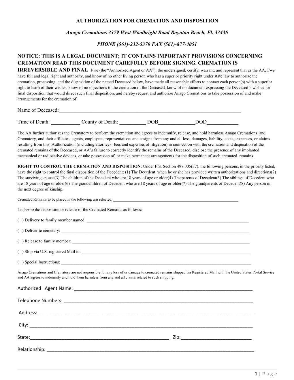 Authorization for Cremation and Disposition