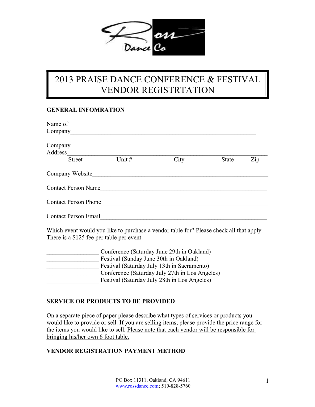 2012 Praise Dance Conference & Festival Vendor Registrtation