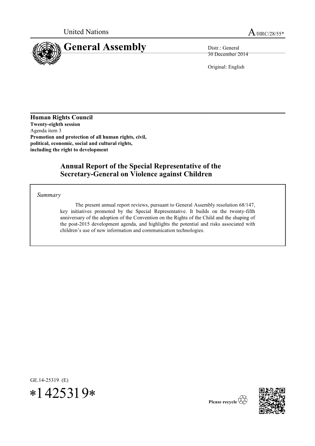 Annual Report of the Special Representative of the Secretary-General on Violence Against
