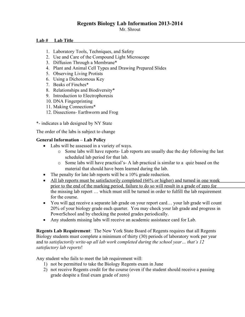 Regents Biology Labs 2001-02