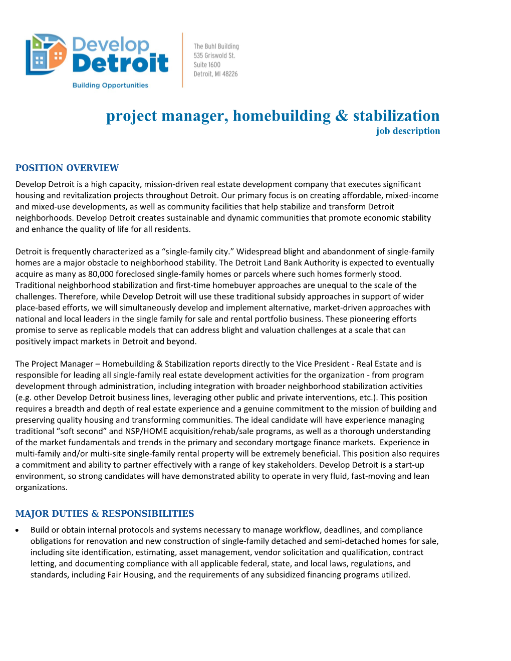 Project Manager, Homebuilding & Stabilization