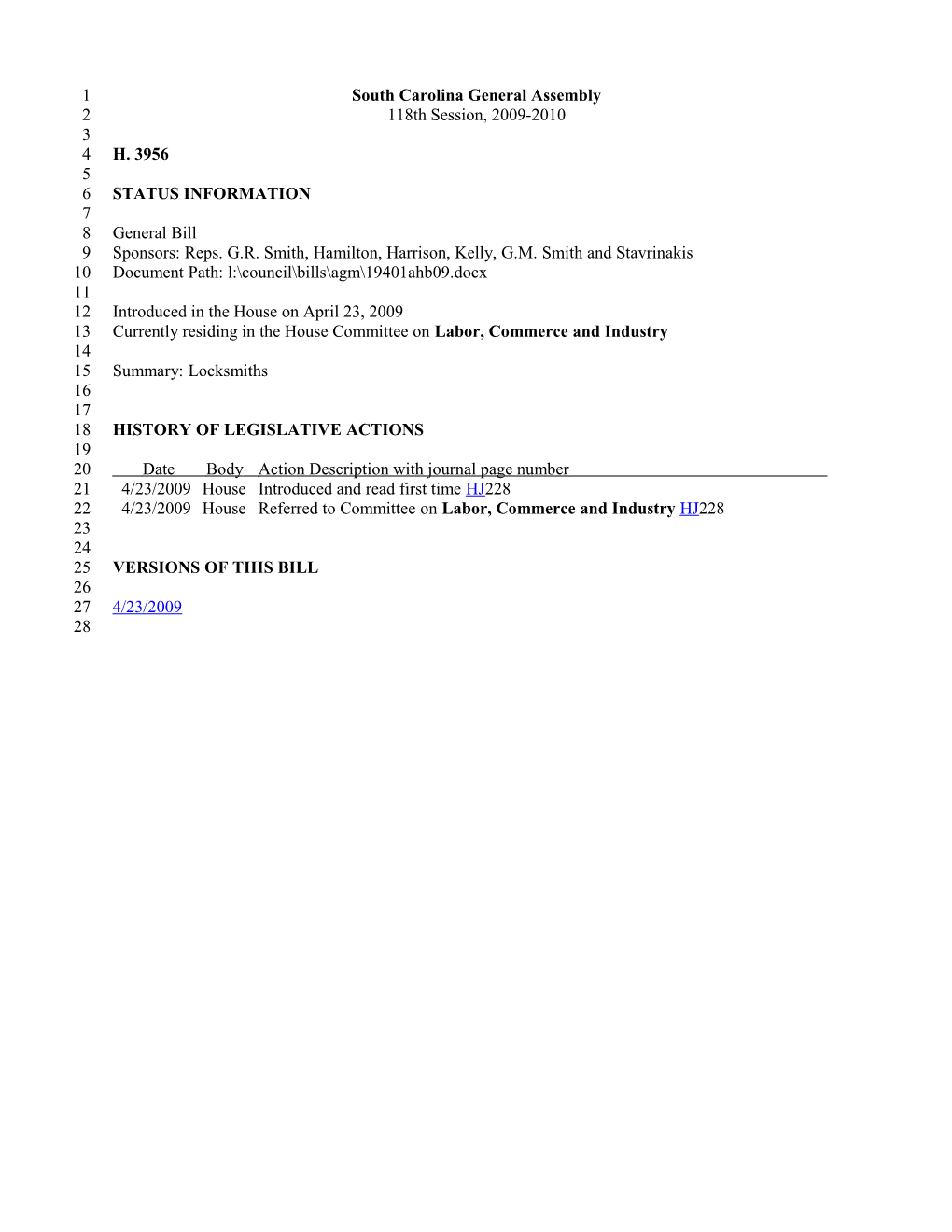 2009-2010 Bill 3956: Locksmiths - South Carolina Legislature Online