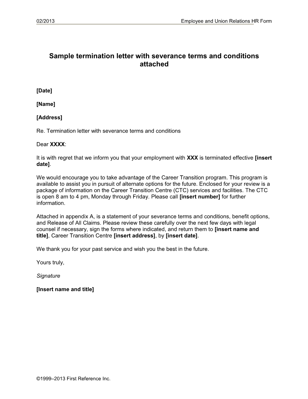 Termination Letter with Severance Terms and Conditions Attached