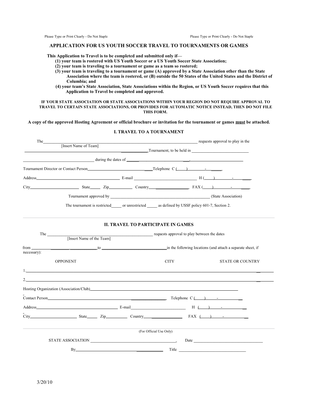 Application for Us Youth Soccer Travel to Tournaments Or Games