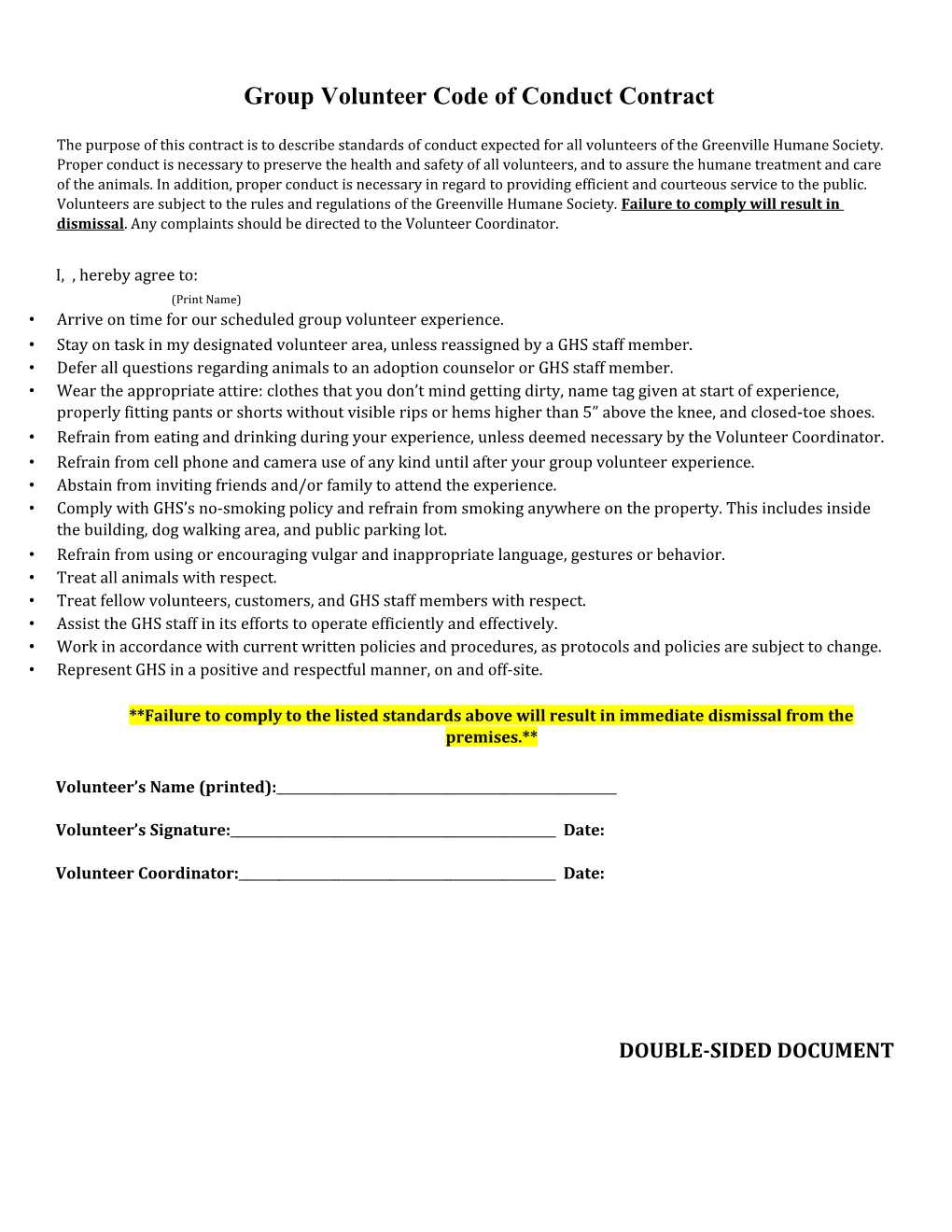 Group Volunteer Code of Conduct Contract