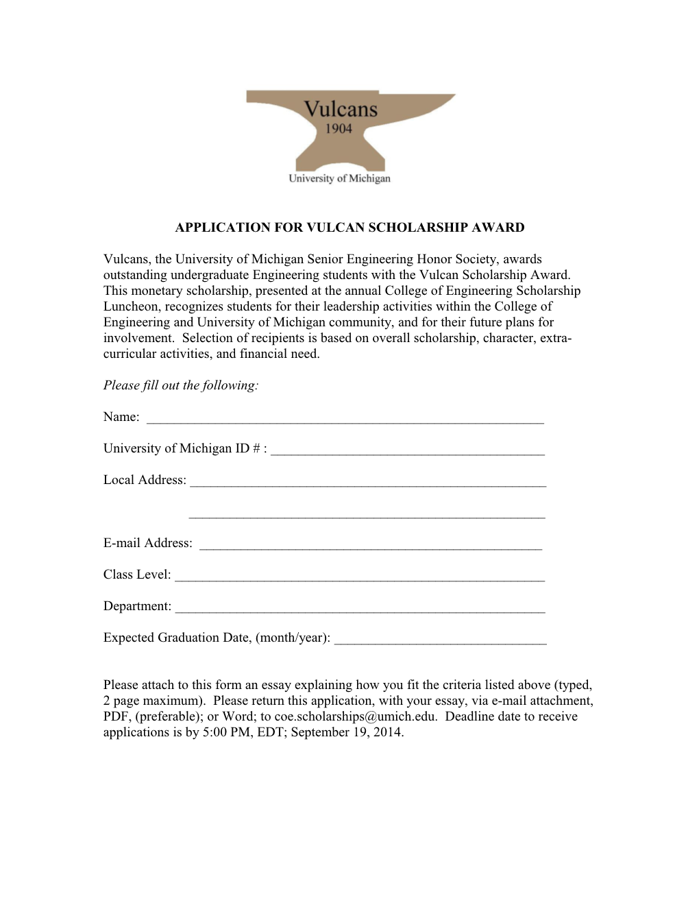 Application for Vulcan Scholarship Award