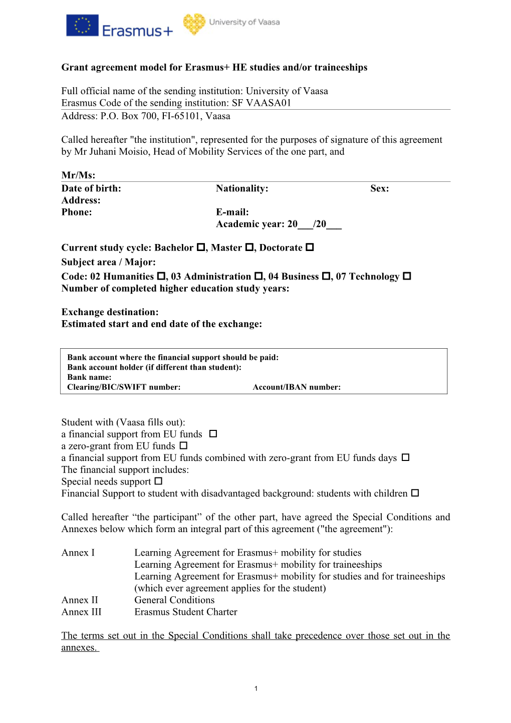 Grant Agreement Model for Erasmus+ HE Studies And/Or Traineeships