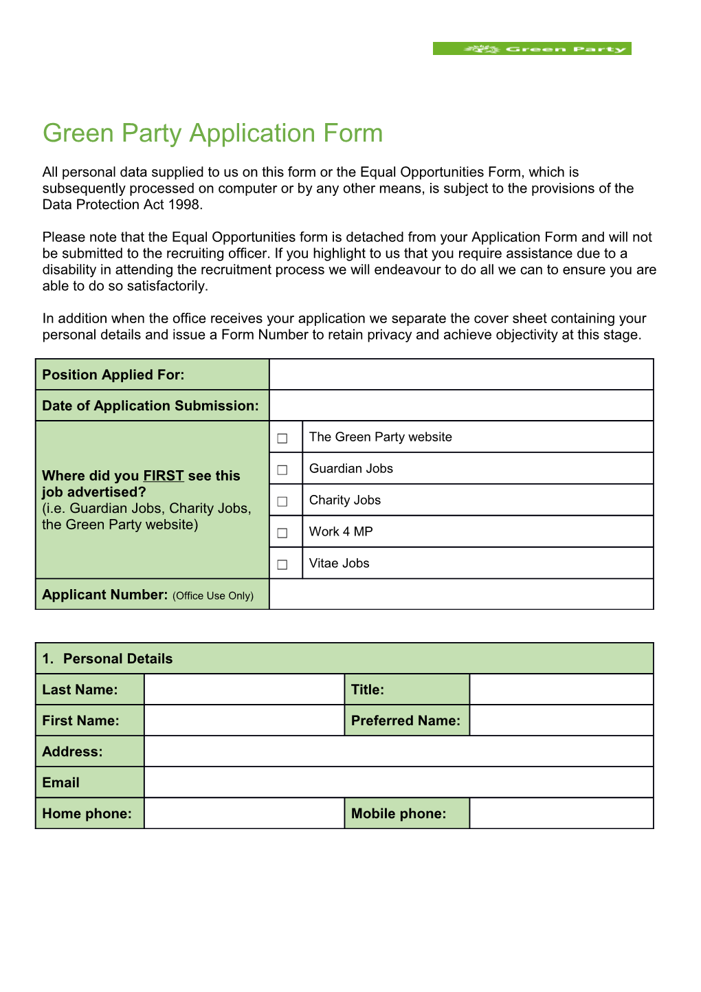 Green Party Application Form
