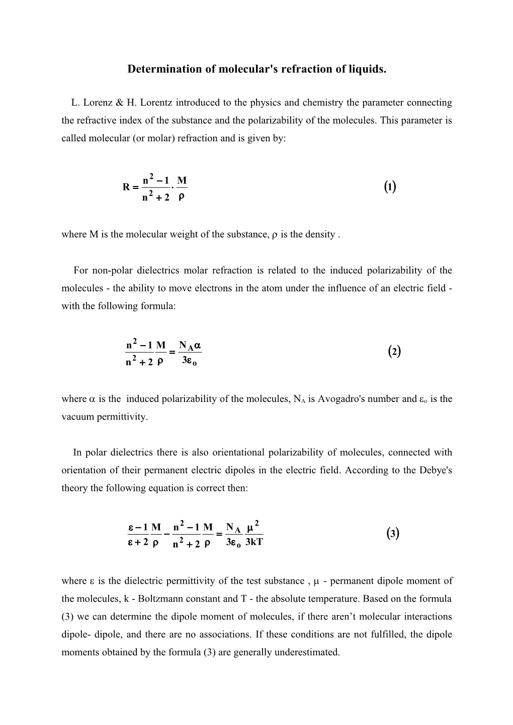 Determination of Molecular's Refraction of Liquids