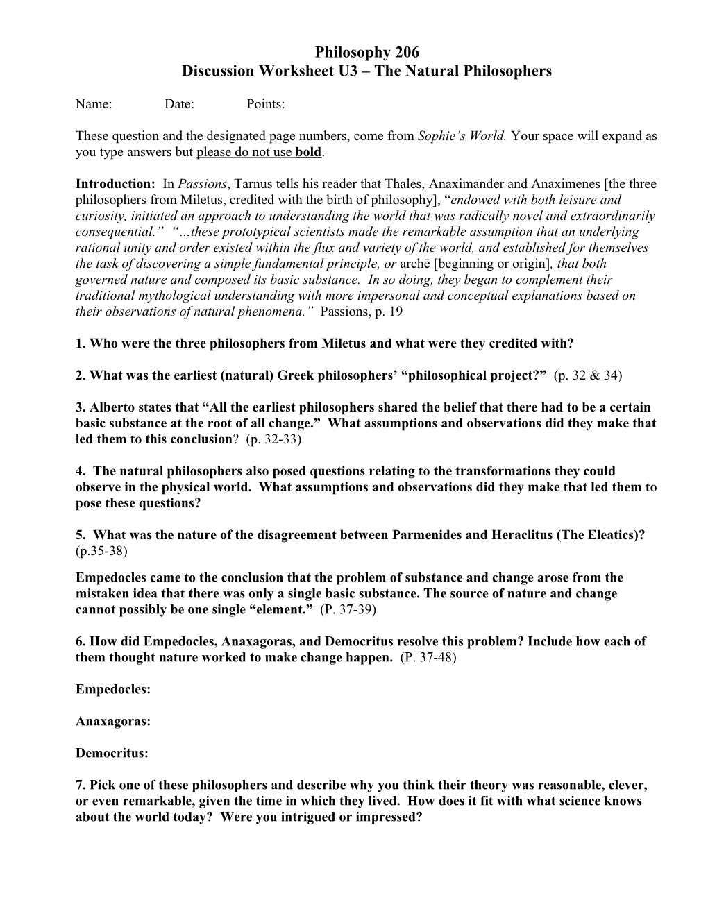 Discussion Worksheet U3 the Natural Philosophers
