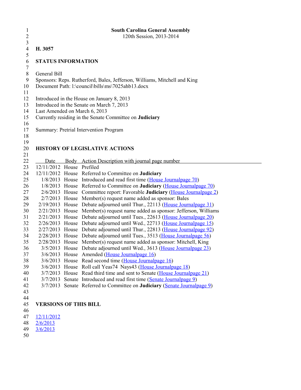 2013-2014 Bill 3057: Pretrial Intervention Program - South Carolina Legislature Online