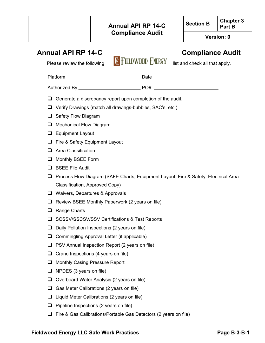 Annual API RP 14-C Compliance Audit