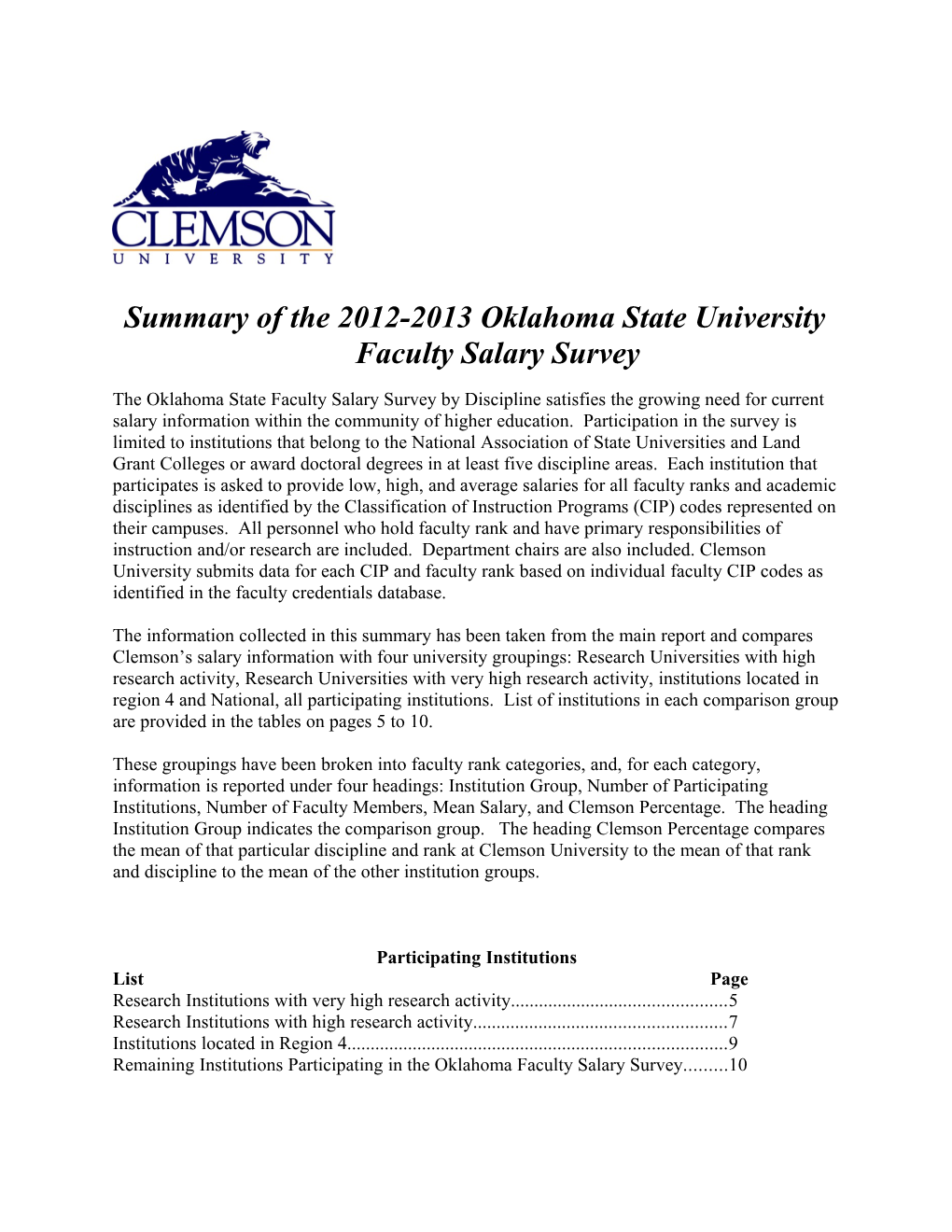 Summary of the 2012-2013 Oklahoma State University Faculty Salary Survey