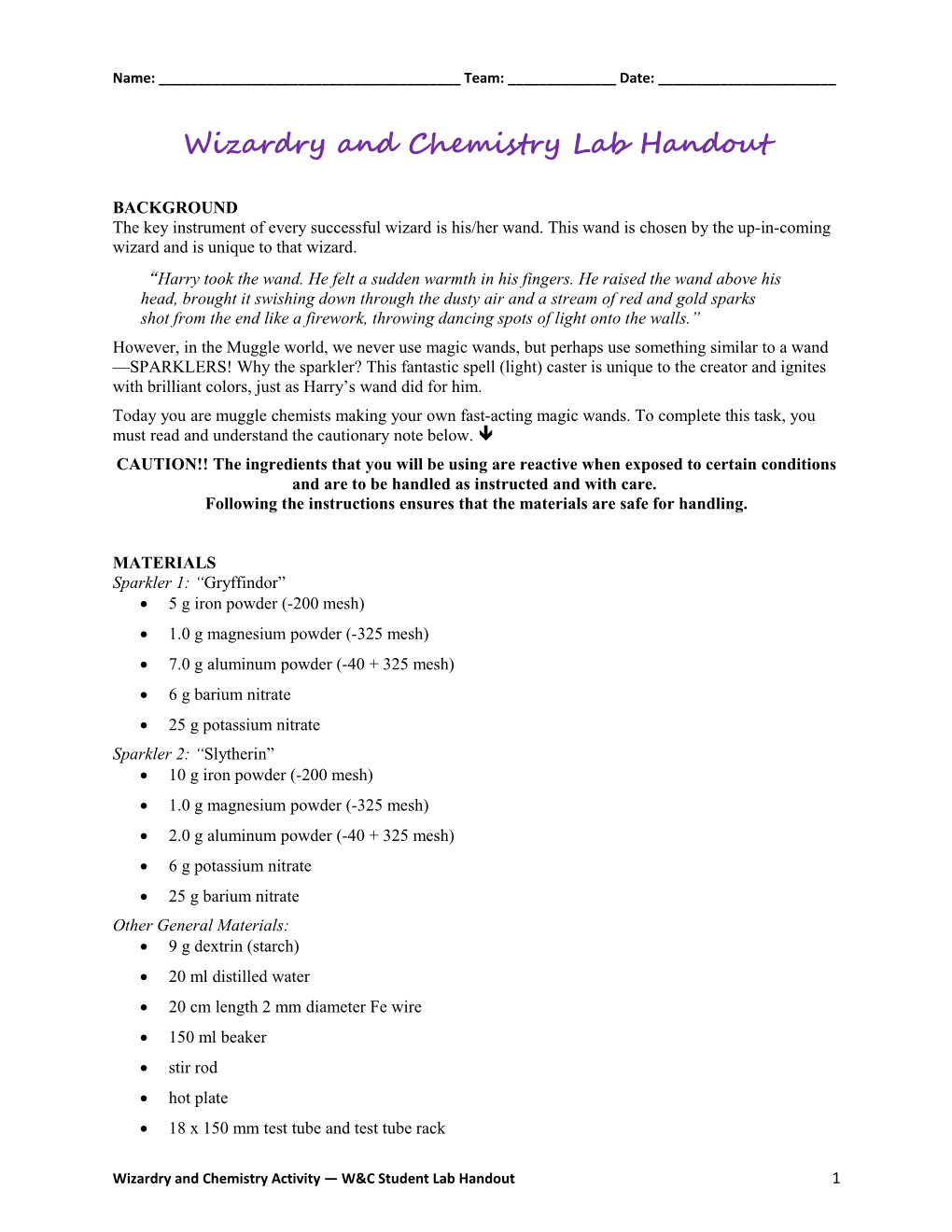 Wizardry and Chemistry Lab Handout