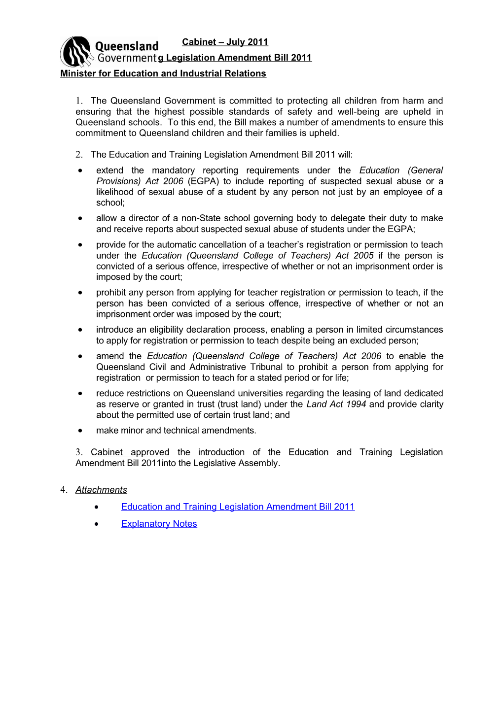 Education and Training Legislation Amendment Bill 2011