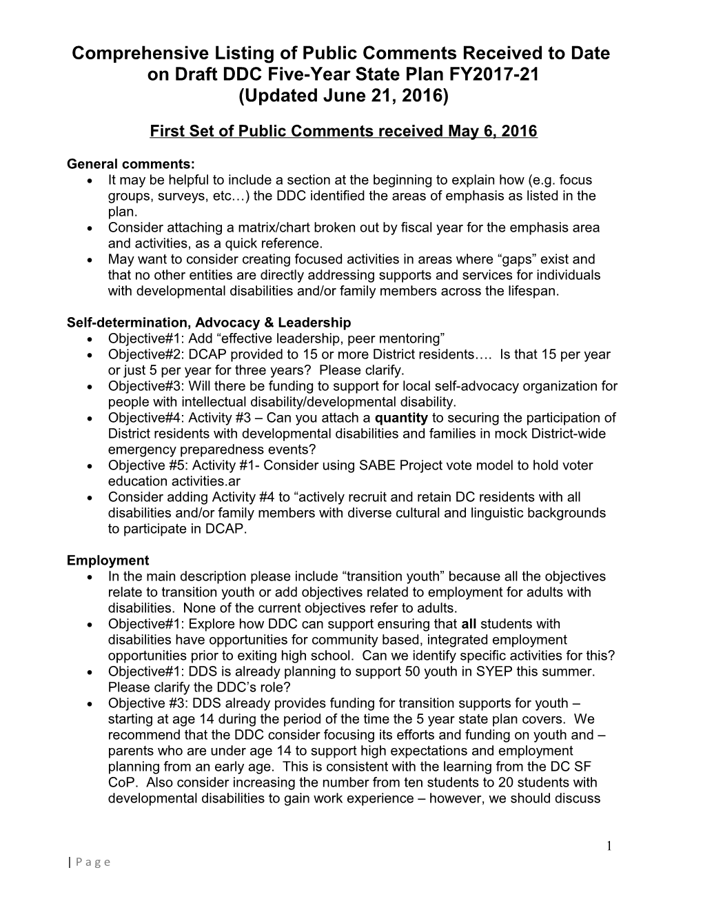 Comprehensive Listing of Public Comments Received to Date