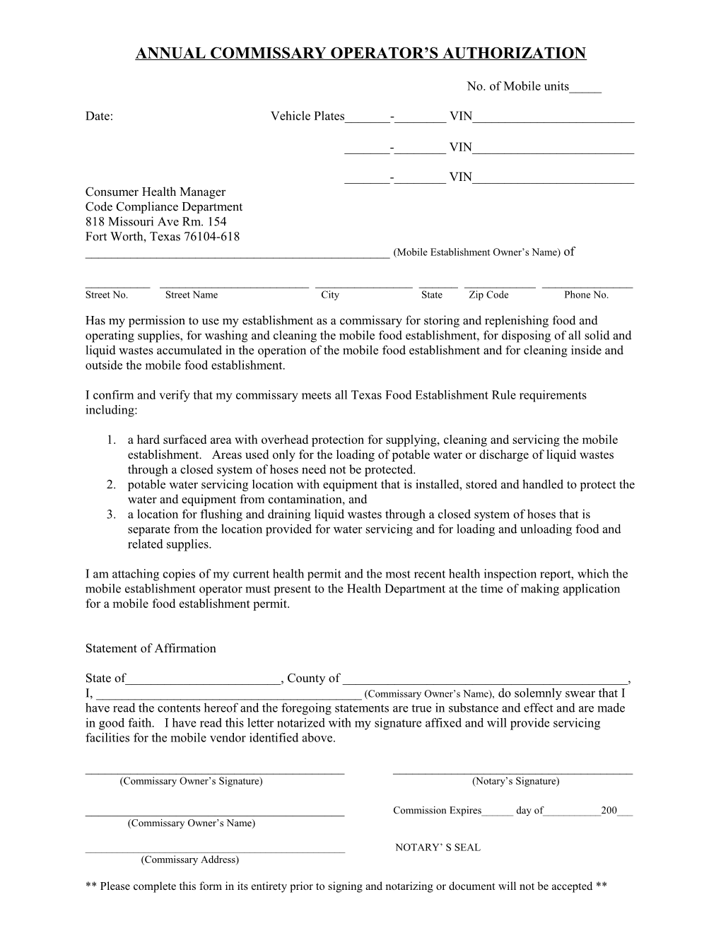 Annual Commissary Operator’S Authorization