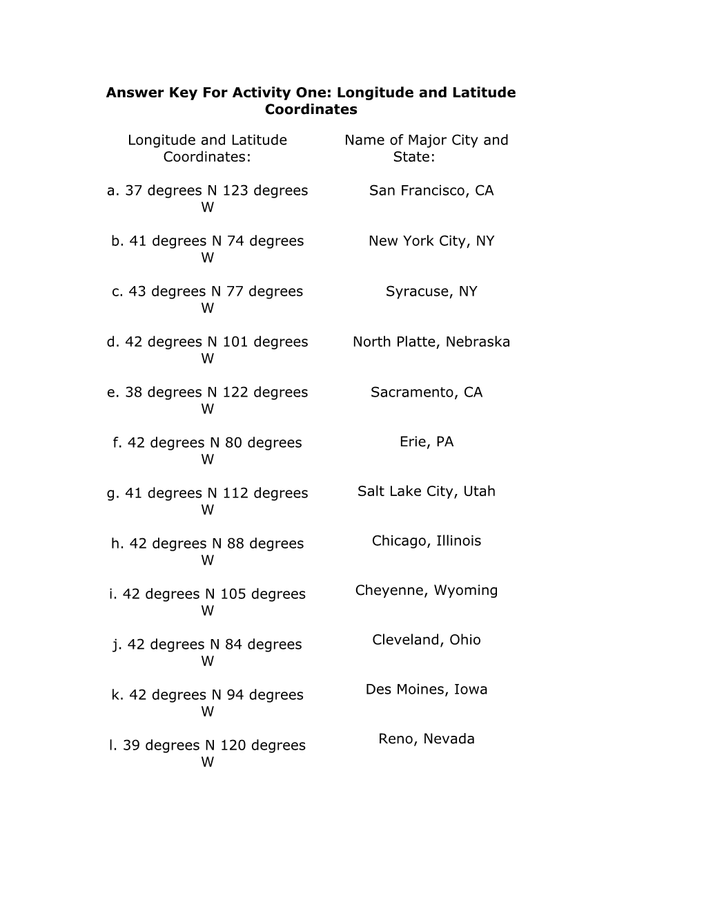 Answer Key For Activity One: Longitude And Latitude Coordinates