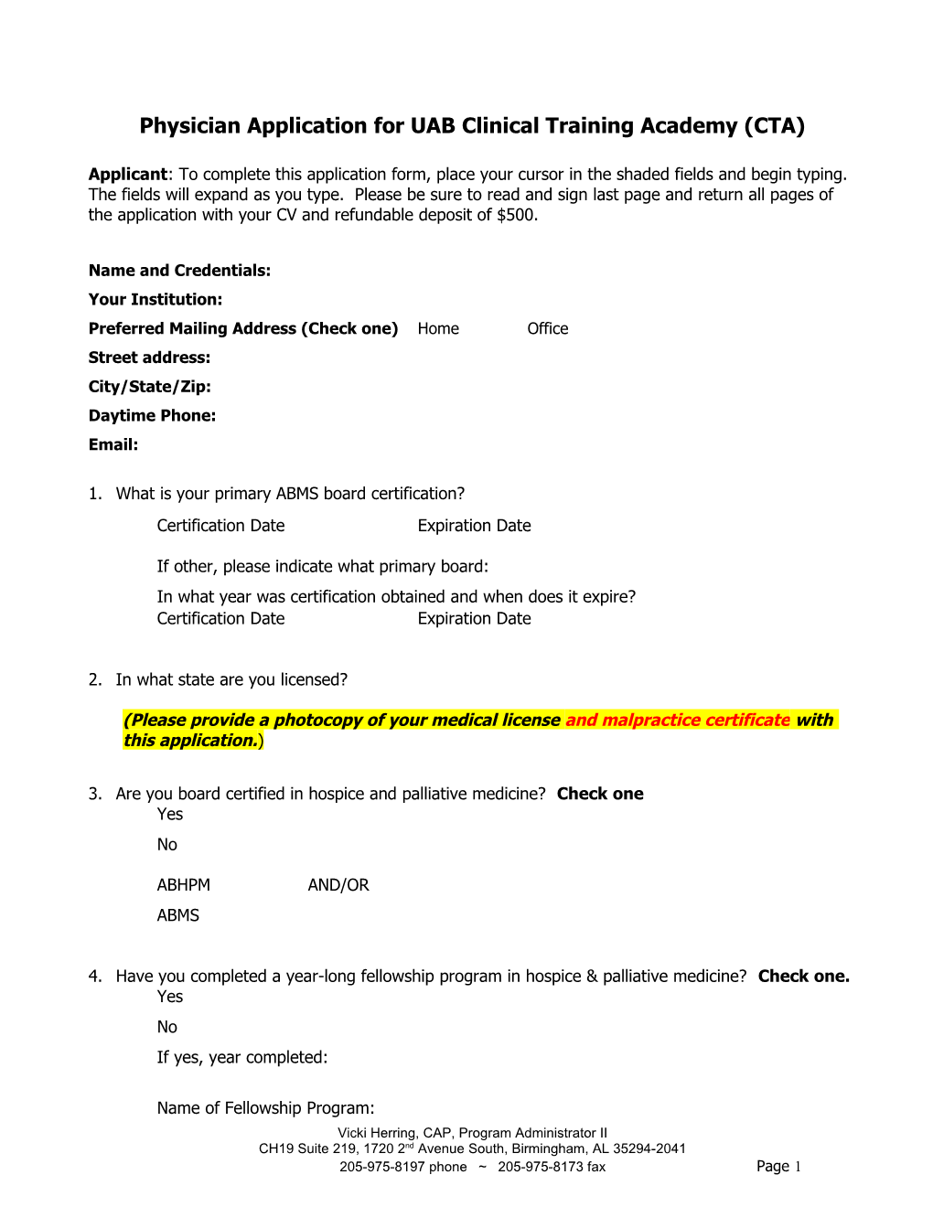 Physician Application for UAB Clinical Training Academy (CTA)