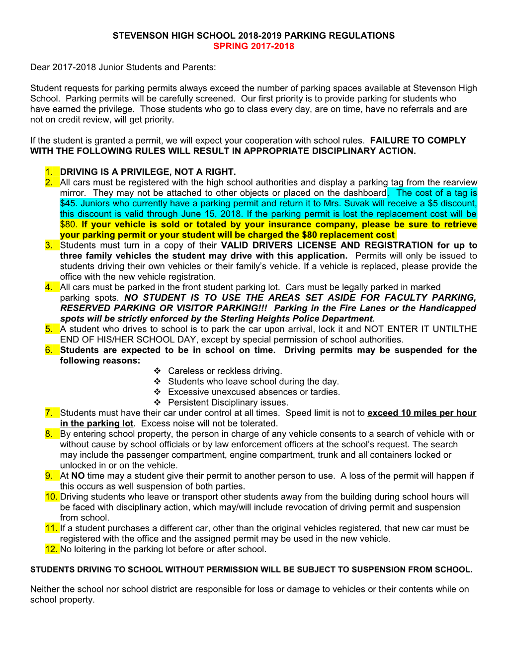 Stevenson High School 2018-2019Parking Regulations