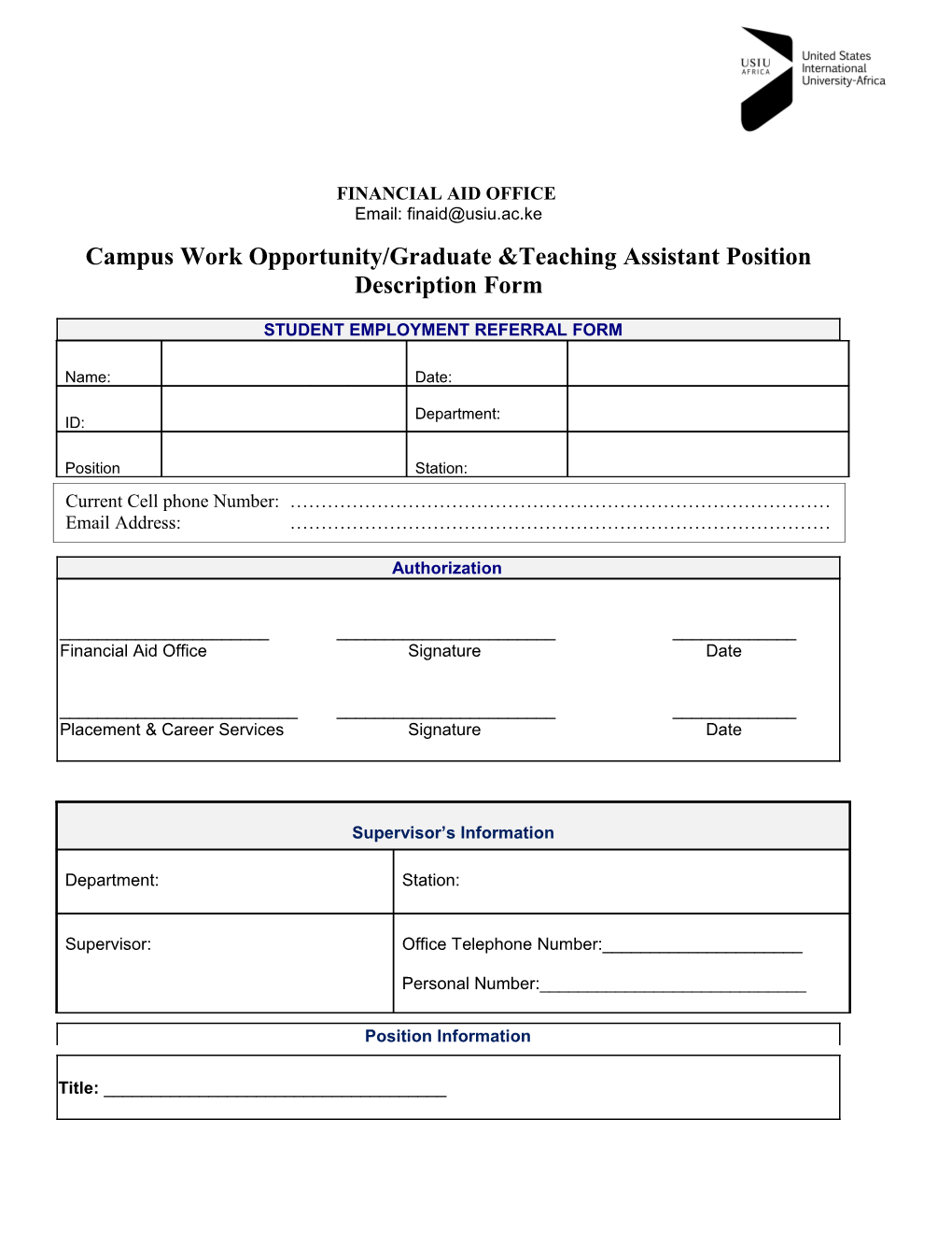Campus Work Opportunity/Graduate &Teaching Assistant Position Description Form