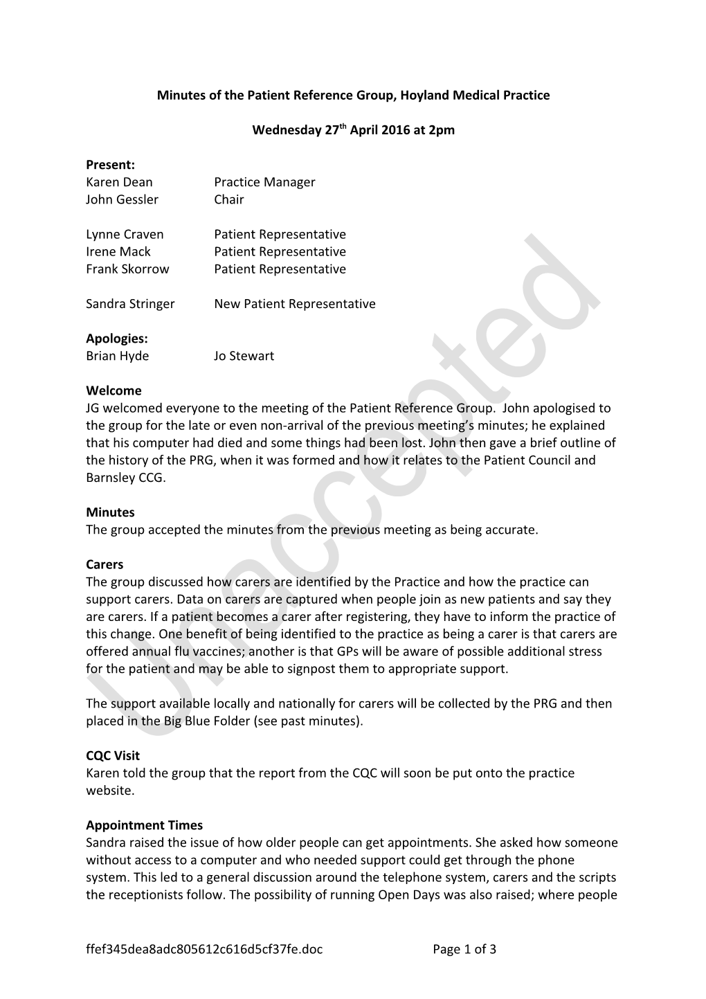 Minutes of the Patient Reference Group, Hoyland Medical Practice