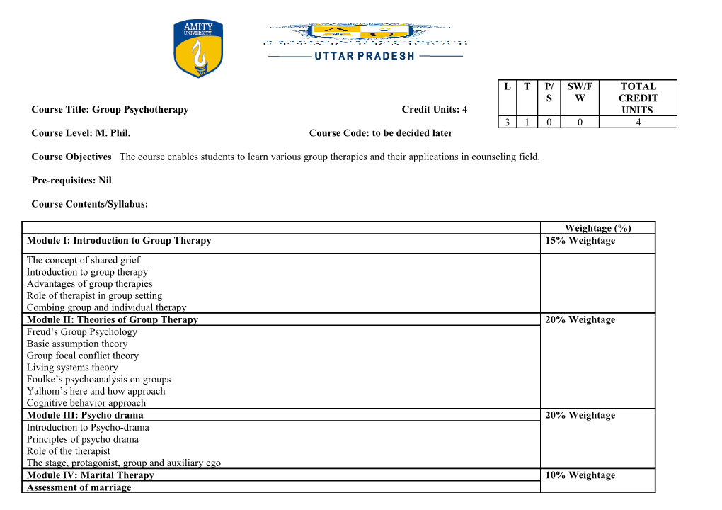 Course Title: Group Psychotherapycredit Units: 4