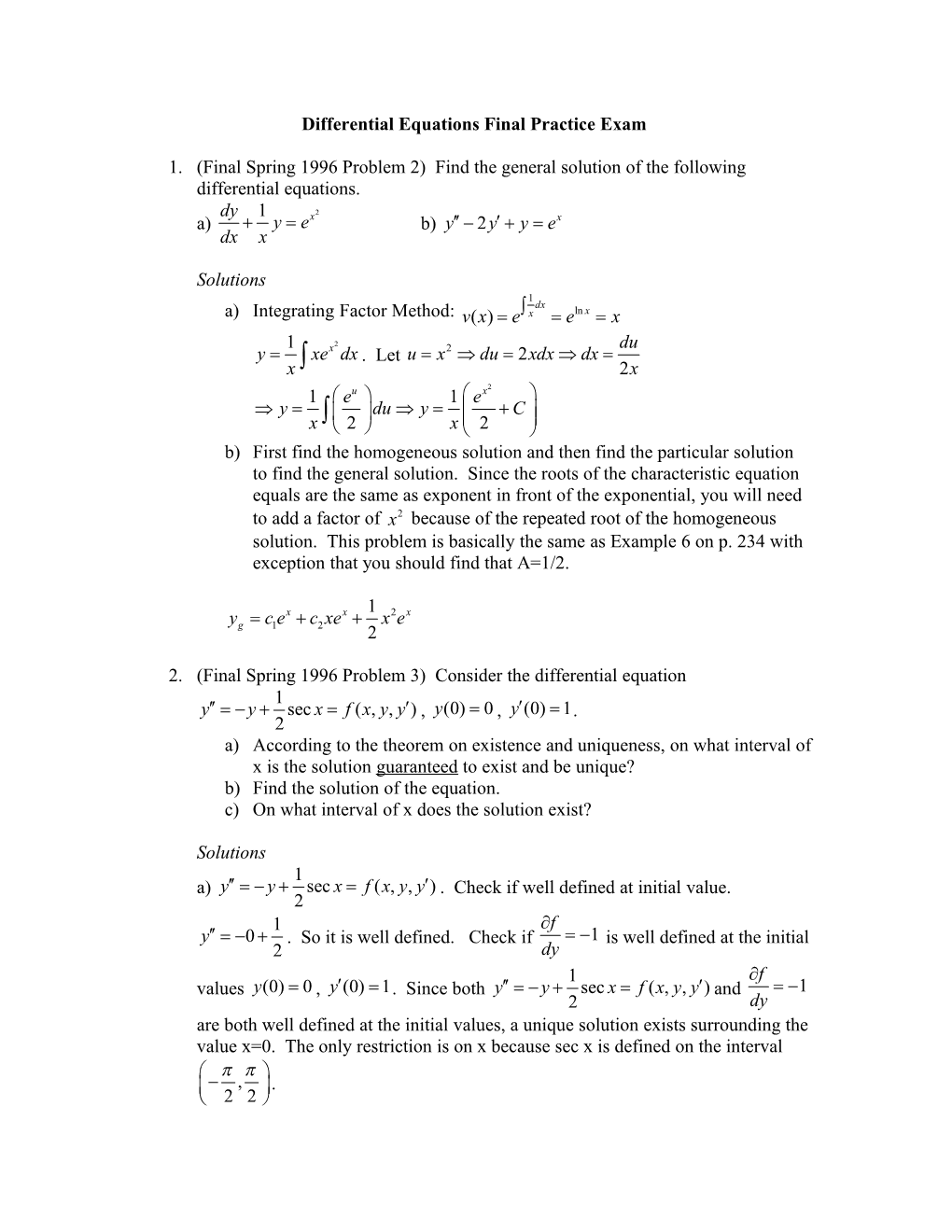 Differential Equations Final Practice Exam