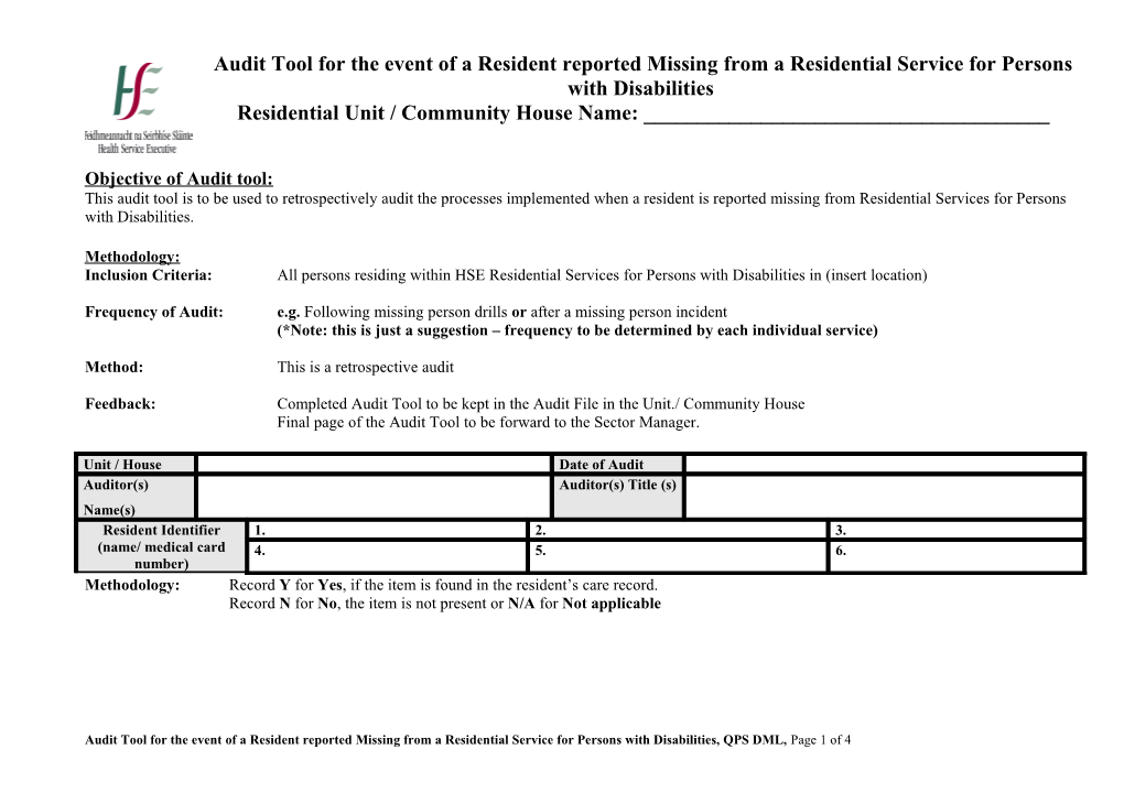 Audit Tool for the Used of Physical Restraint in Residential Care Units